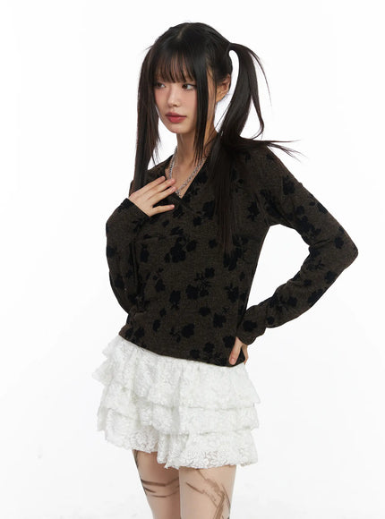 v-neck-floral-wrap-long-sleeve-top-cd518 / Dark brown
