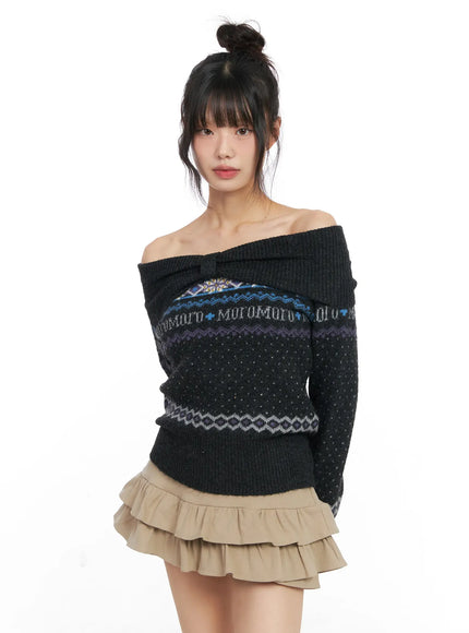 nordic-off-shoulder-knit-sweater-cn520 / Dark gray
