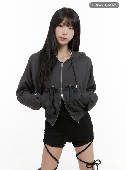 ribbon-zip-hood-sweatshirt-cs419 / Dark gray