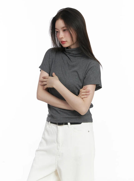 basic-mock-neck-short-sleeve-top-cj507 / Dark gray