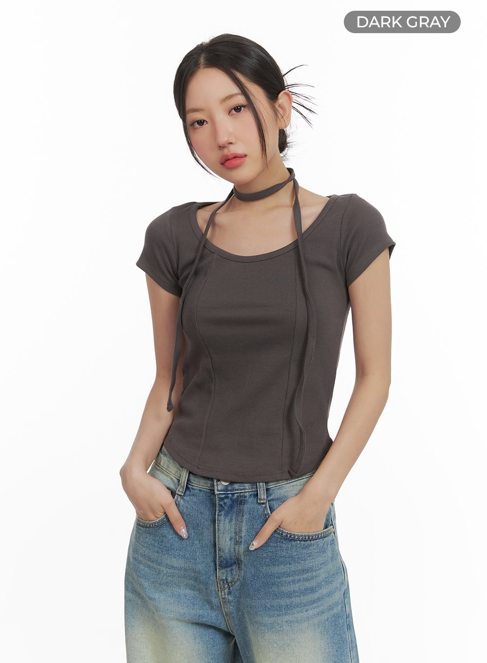 slim-fit-u-neck-top-cy423 / Dark gray