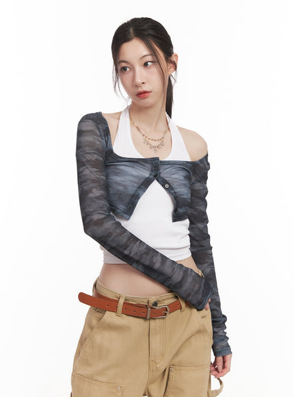 camo-print-super-crop-cardigan-cm517 / Dark gray