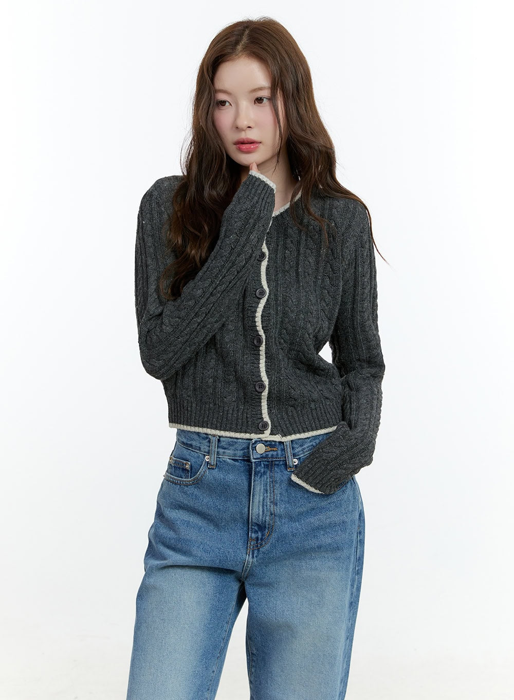 cozy-cable-knit-buttoned-cardigan-cf503 / Dark gray