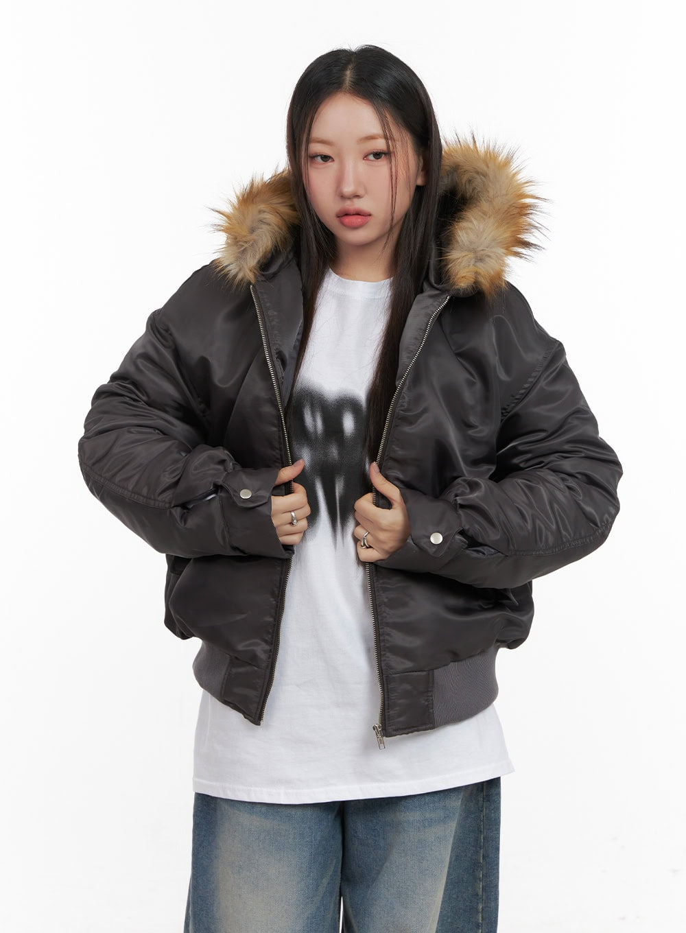 fur-detail-hooded-bomber-jacket-cd411 / Dark gray