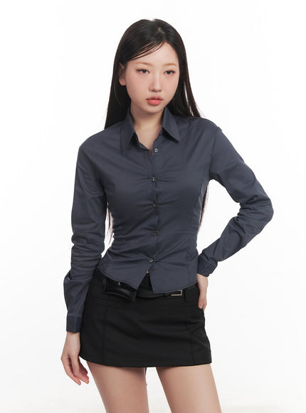 string-corset-collared-crop-shirt-cm531 / Dark gray