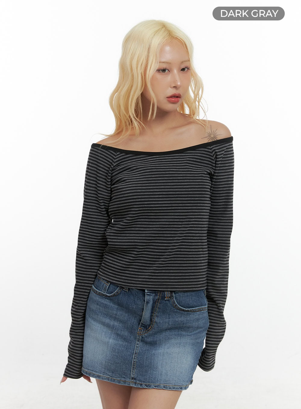 chic-striped-off-shoulder-long-sleeve-cs425 / Dark gray