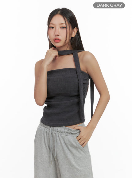shirred-solid-tube-crop-top-and-scarf-set-co404 / Dark gray