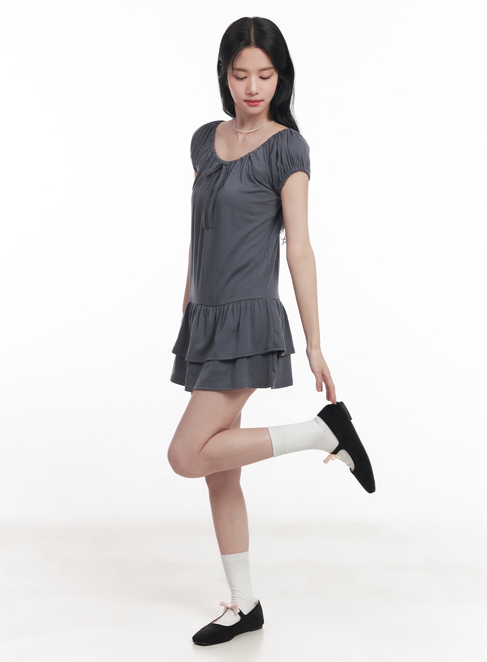 ruffle-ribbon-mini-dress-cy523 / Dark gray