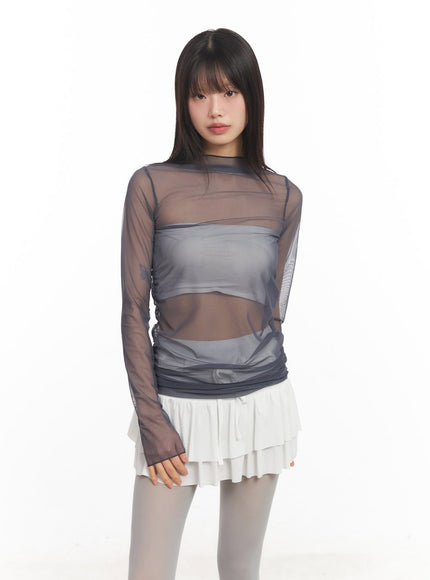 sheer-shirred-long-sleeve-top-ca522 / Dark gray