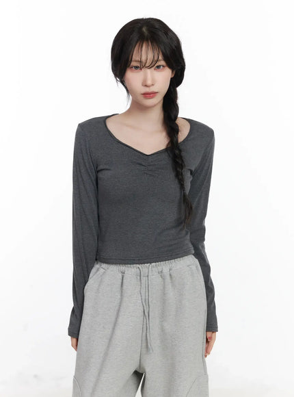 shirring-heart-neck-long-sleeve-top-cj527 / Dark gray