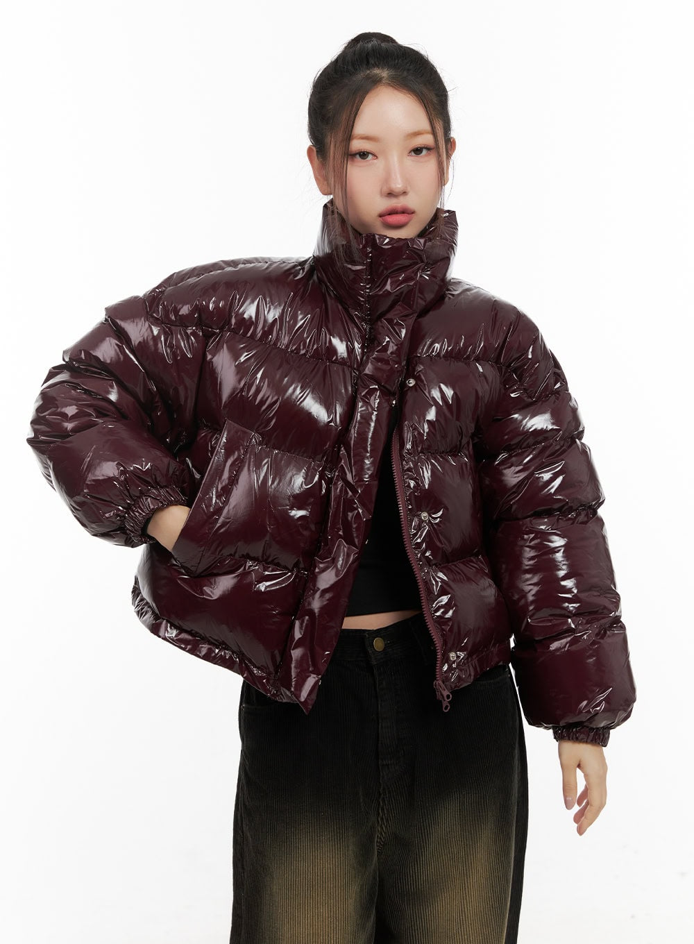 glossy-cropped-puffer-jacket-cd416 / Dark red