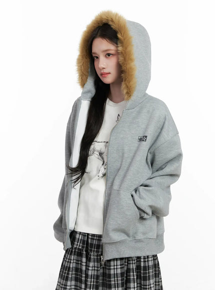 oversized-faux-fur-trim-hoodie-cn521 / Gray