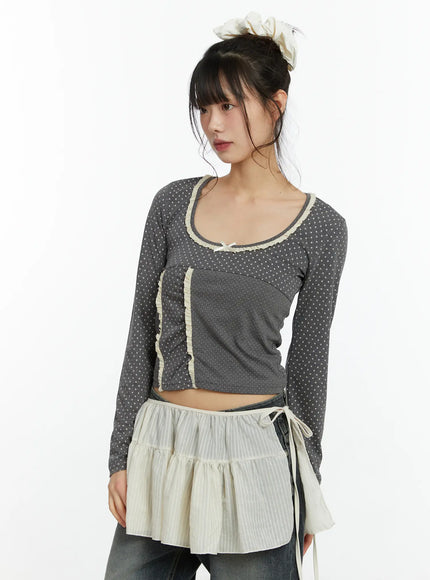 u-neck-polka-dot-lace-long-sleeve-top-cf509 / Gray