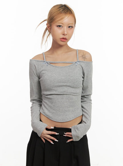 ribbon-off-shoulder-strappy-top-cj508 / Gray