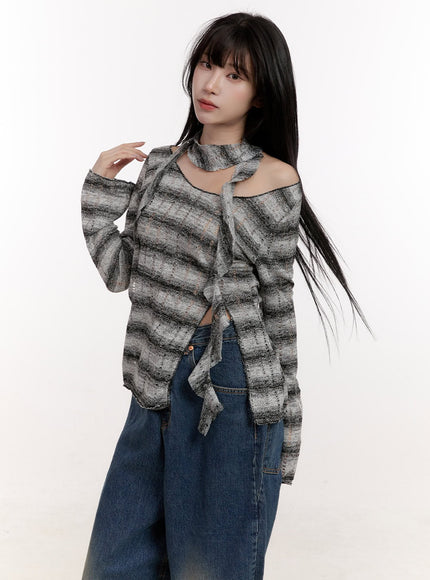 Distressed Striped Sweater with Scarf CJ531