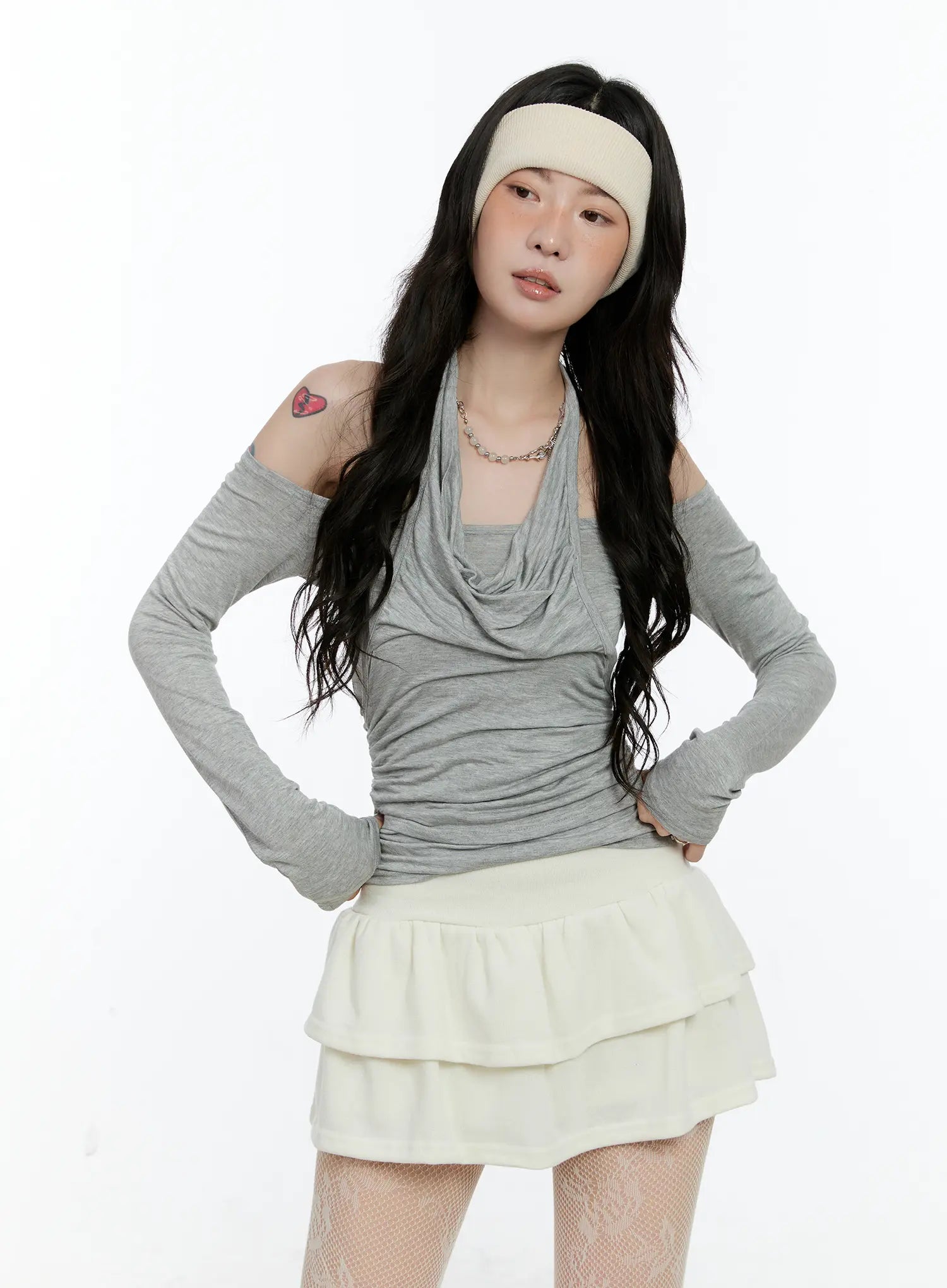 draped-halter-layered-long-sleeve-top-cn517 / Gray