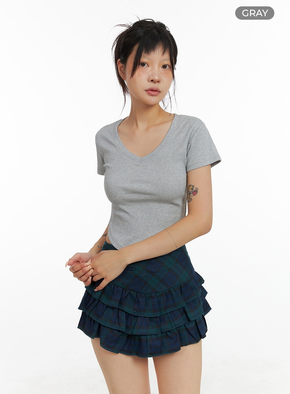 v-neck-shirred-crop-tee-cl415 / Gray