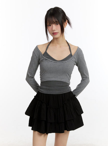 Stripe Long-Sleeve Crop Top with Tank Top CA508
