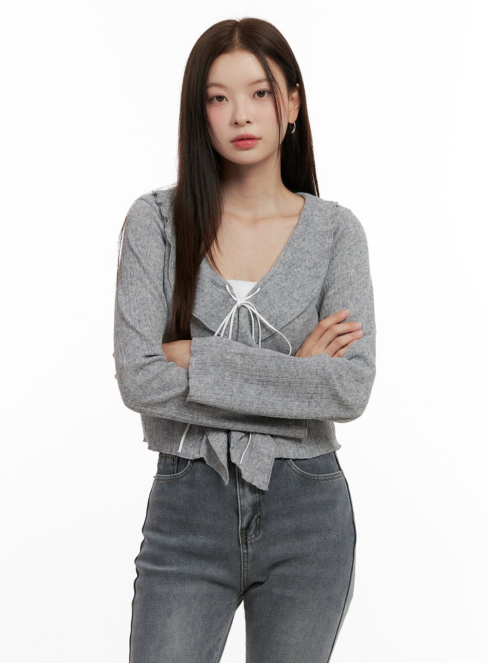 frill-strap-cropped-cardigan-on422 / Gray