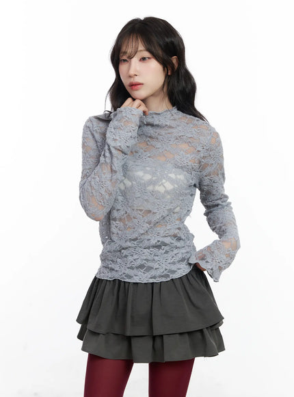 elegant-floral-lace-sheer-turtleneck-top-cj526 / Gray