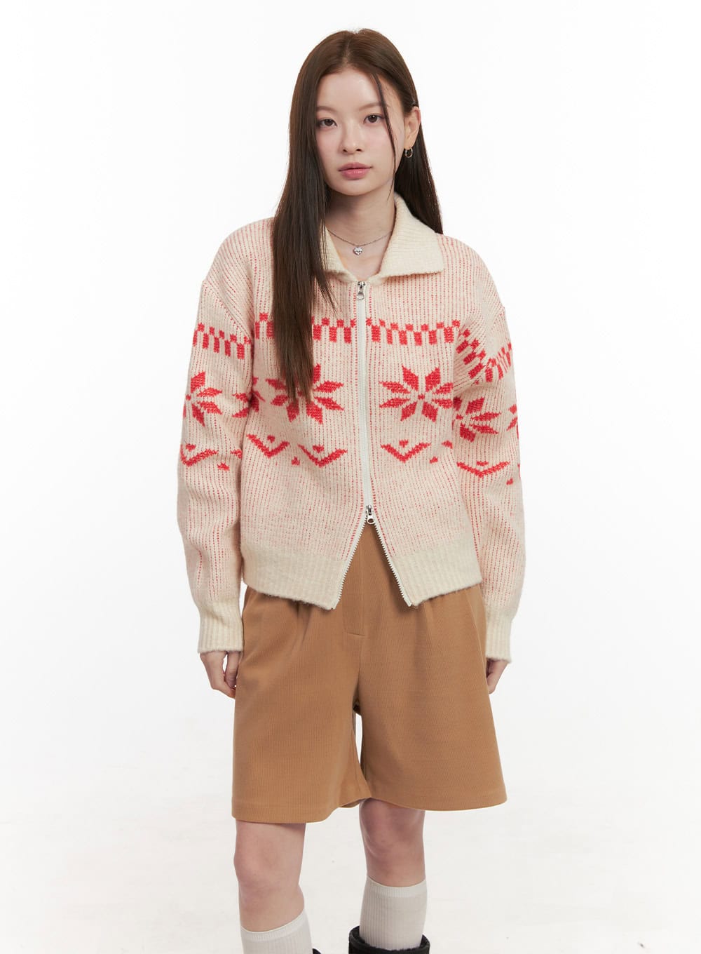 cozy-zip-up-nordic-printed-cardigan-od418 / Light beige