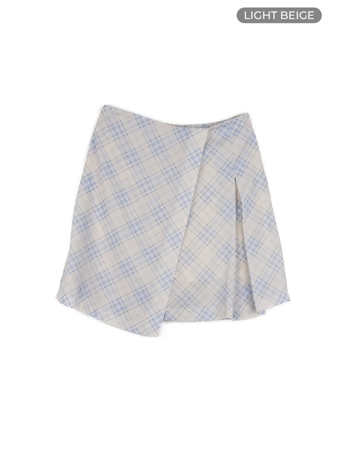 checkered-wrap-mini-skirt-oy427 / Light beige