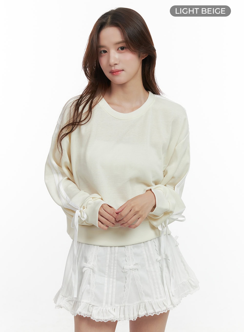 ribbon-lined-cotton-sweatshirt-oo421 / Light beige