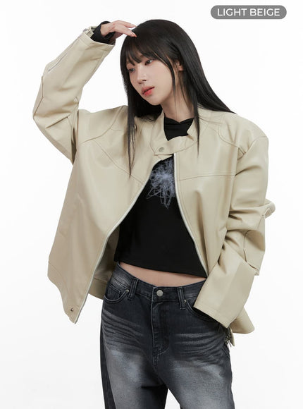 chic-oversized-zip-up-faux-leather-jacket-cs419 / Light beige