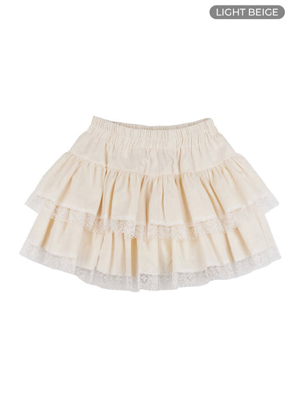 ruffle-lace-trim-mini-skirt-oo407 / Light beige