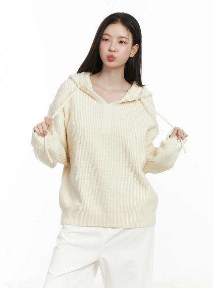 v-neck-knit-hoodie-cj507 / Light beige