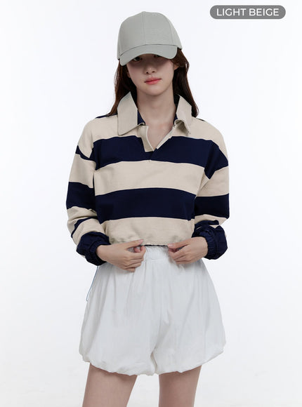 adjustable-crop-stripe-sweatshirt-oo407 / Light beige