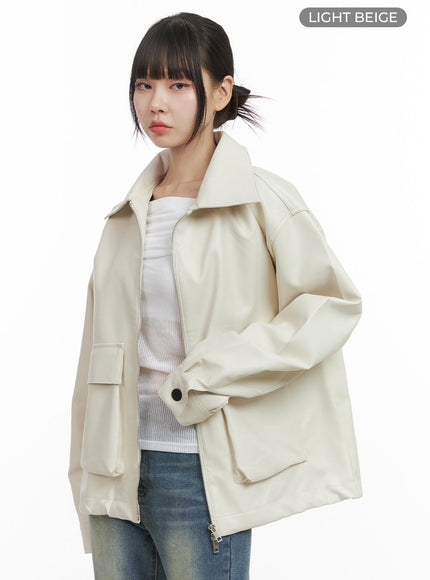 oversized-zip-up-leather-pocket-jacket-oo401 / Light beige