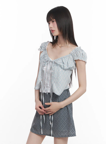 puff-sleeve-plaid-top-cu518 / Light blue
