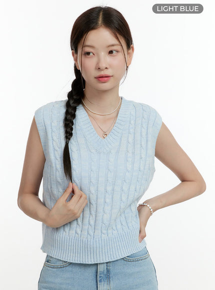 cable-knit-sleeveless-v-neck-vest-ol423 / Light blue