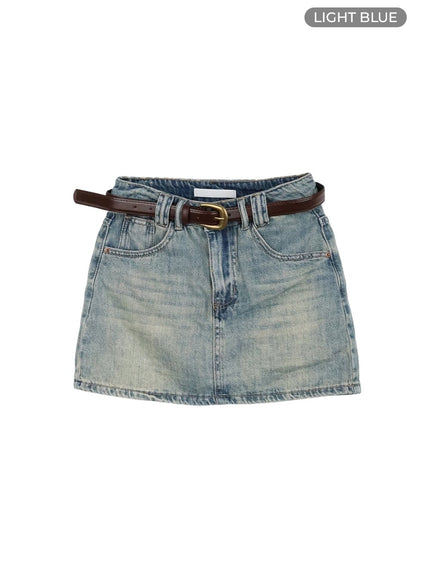 vintage-washed-denim-mini-skirt-with-belt-cy420 / Light blue