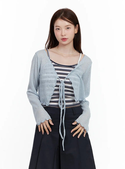 mesh-ribbon-tie-bolero-cardigan / Light blue