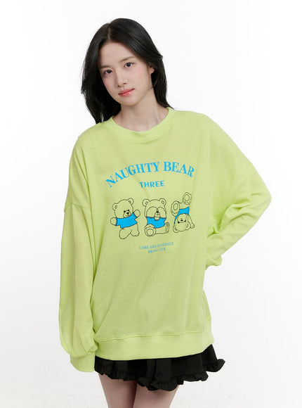 teddy-bear-graphic-oversized-sweatshirt-cf527 / Light green