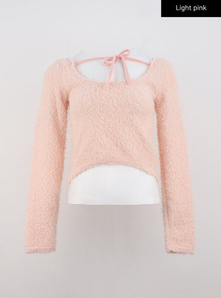 faux-fur-cropped-sweater-with-high-collar-ribbon-cd301 / Light pink