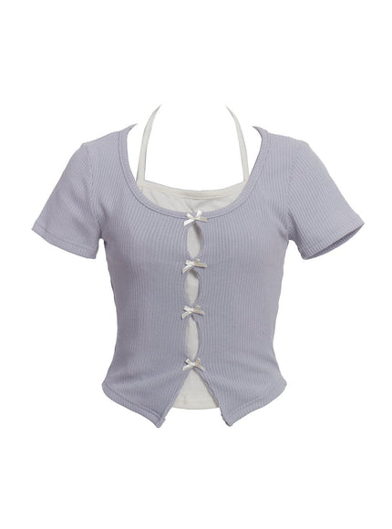 ribbon-layered-short-sleeve-cardigan-cu520 / Light purple