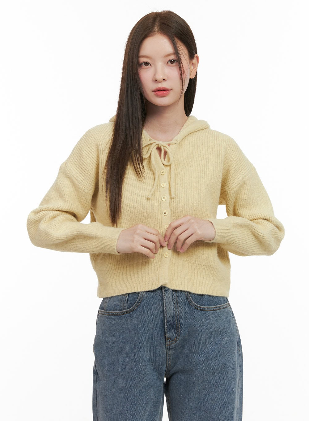 ribbon-detail-hooded-cardigan-od412 / Light yellow