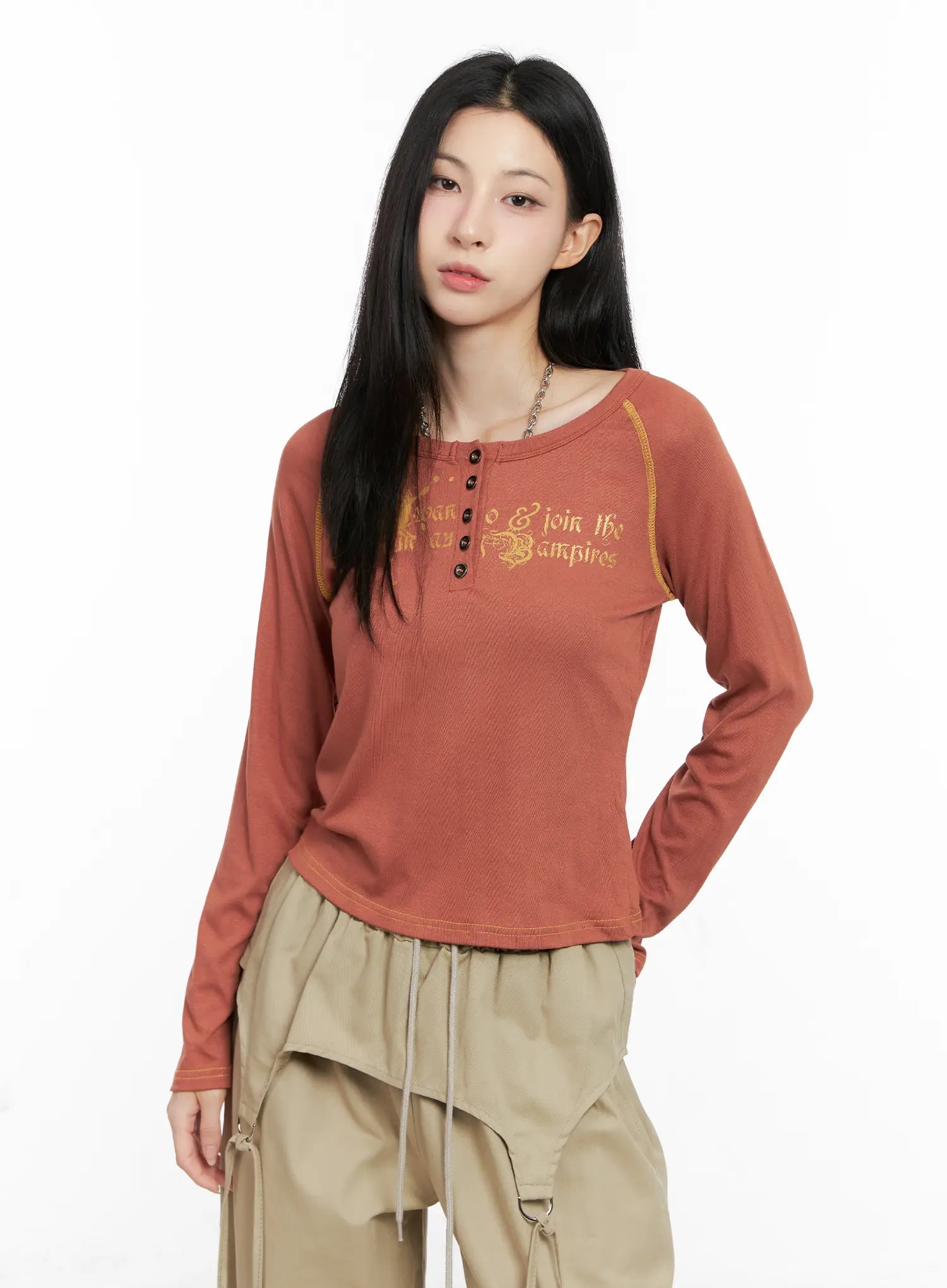 Tattoo Graphic U-Neck Long Sleeve Tee CG526
