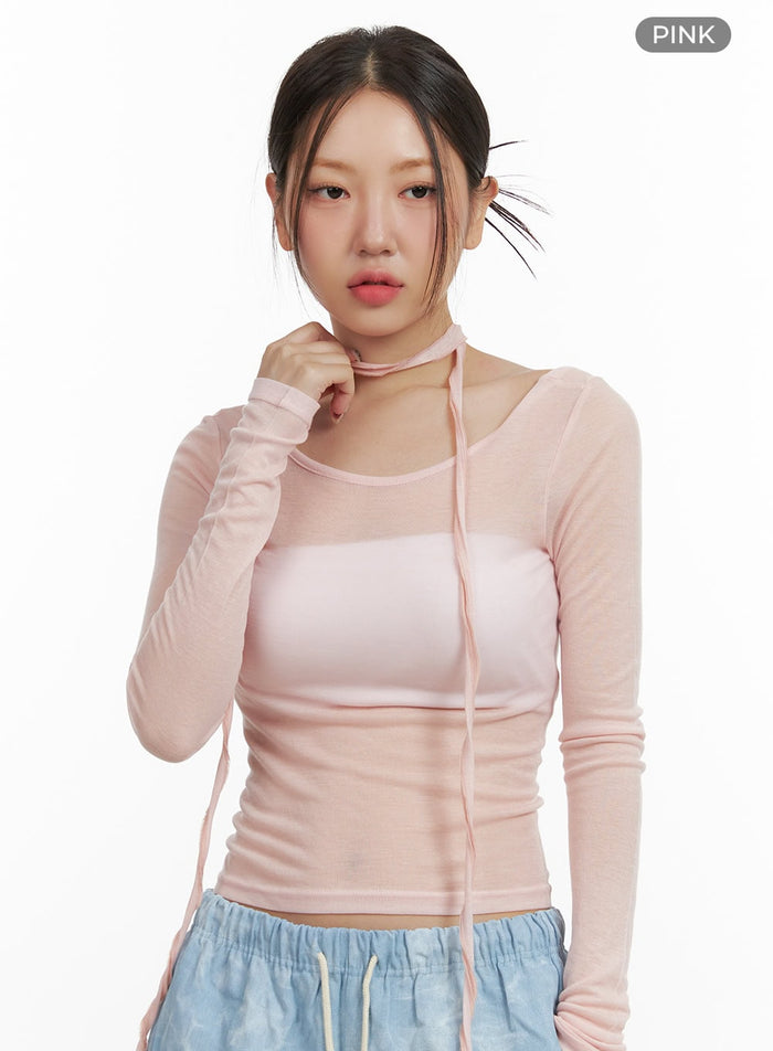 sheer-u-neck-top-with-scarf-ou403 / Pink