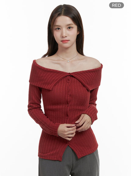 sleek-off-shoulder-button-cardigan-os416 / Red