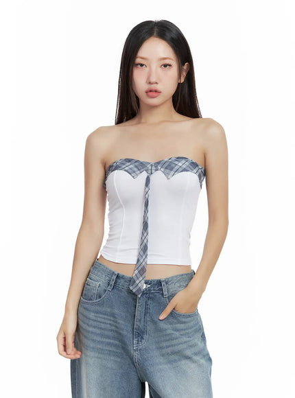 contrast-plaid-tie-tube-top-cl508 / White
