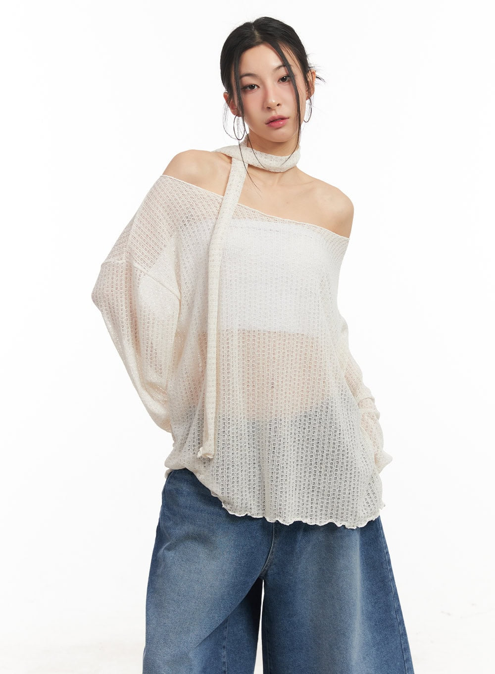 sheer-off-shoulder-top-with-scarf-set-cm503 / White