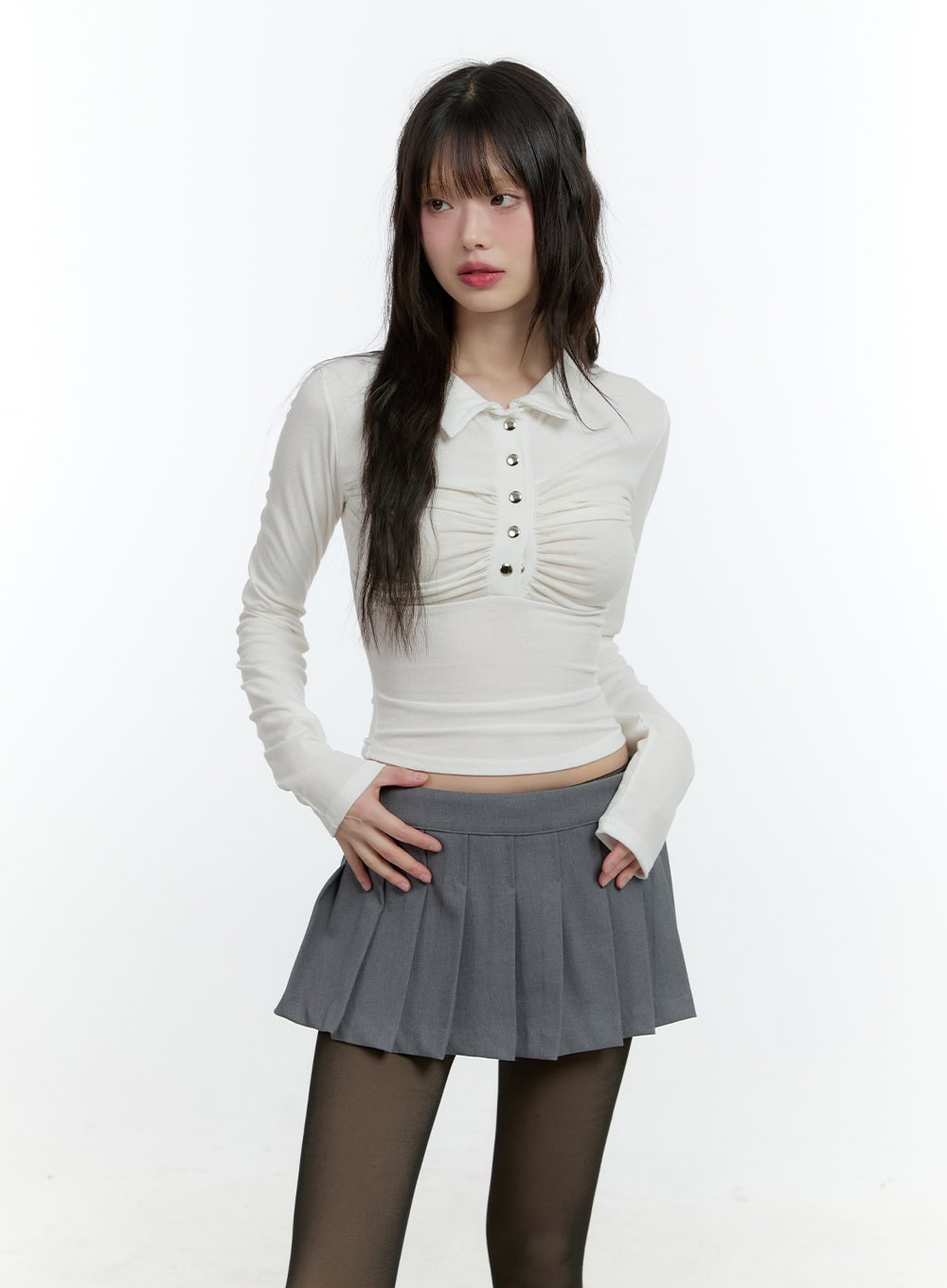 shirring-long-sleeve-collared-crop-top-cf507 / White