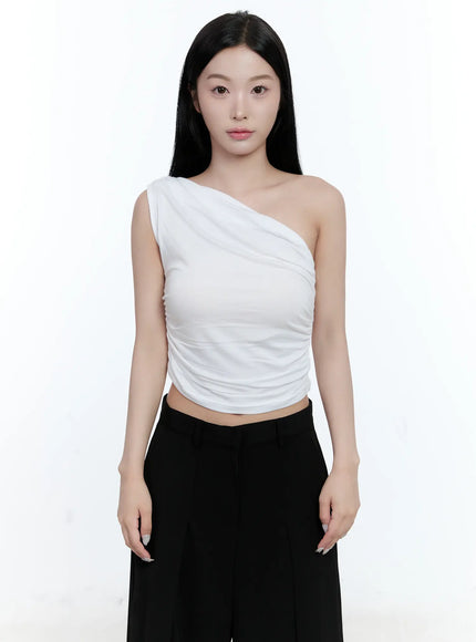 asymmetric-ruched-one-shoulder-top-cl530 / White