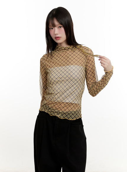 Slim-Fit Plaid Print Sheer Top CM514