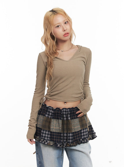 Shirred Ribbon Long-Sleeve Hooded Crop Top CM505