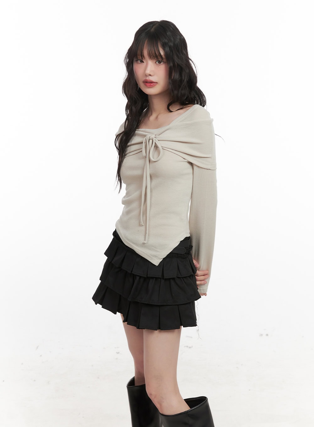 ribbon-wrapped-asymmetric-long-sleeve-top-cj523 / Beige